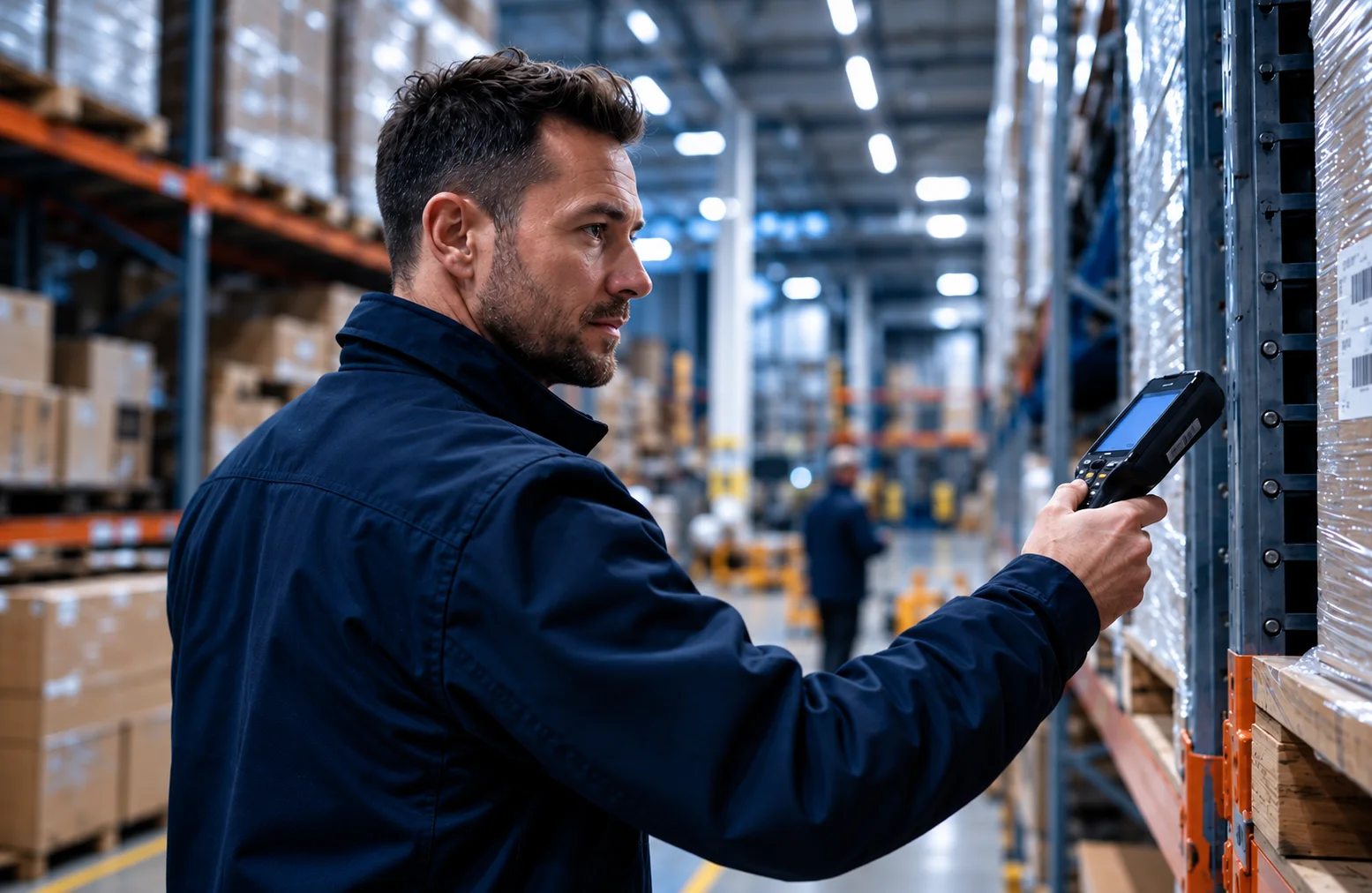 Operador utilizando un handheld en una bodega logística
